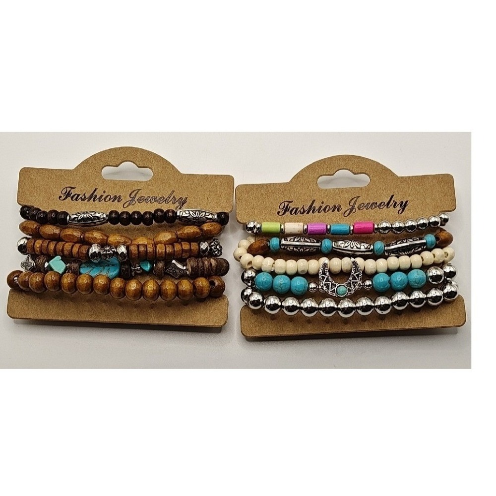 Boho Stacking Beaded Bracelet Set Wood Turquoise Silver Tone Stretch 2 Pack